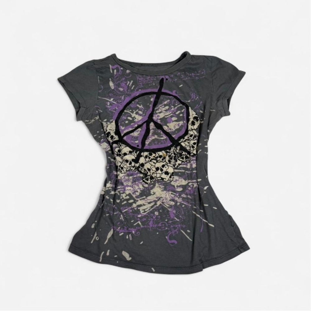 y2k grey Skulls peace sign grunge goth emo graphic tee